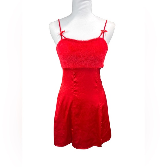 For Love And Lemons Dresses & Skirts - For Love And Lemons Fiona Fuzzy Red Slip Mini Dress XS Bows Sexy Romantic Flirty
